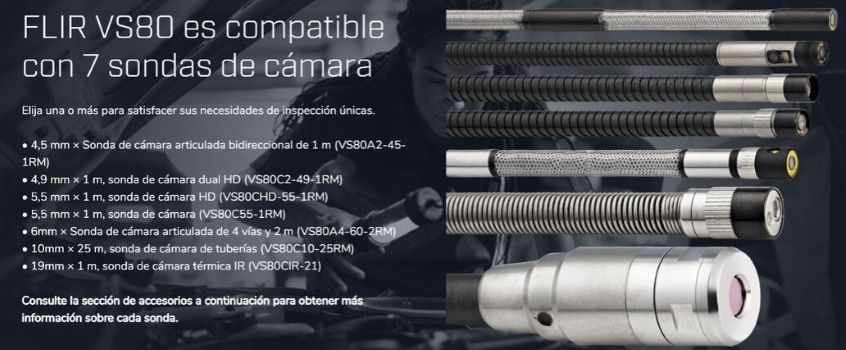 Imagen explicativa del sistema modular del videoscopio FLIR VS80 con diferentes sondas intercambiables para inspección visual, inspección de tuberías y termografía infrarroja en zonas de difícil acceso.