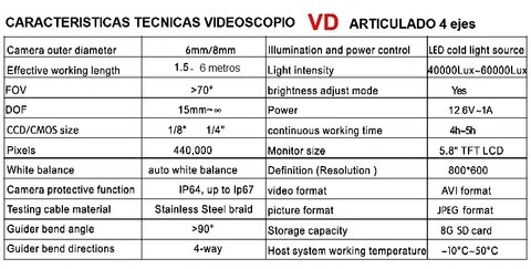 videoscopio industrial articulado 4 ejes diaametro 8 mm x 6 metros GimateG
