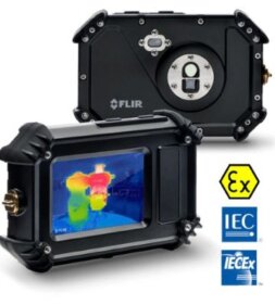 Imagen de la cámara termográfica portátil FLIR Cx5 con certificación ATEX e IECEx para inspección térmica segura de equipos industriales en zonas explosivas, disponible a través de Gimatec.