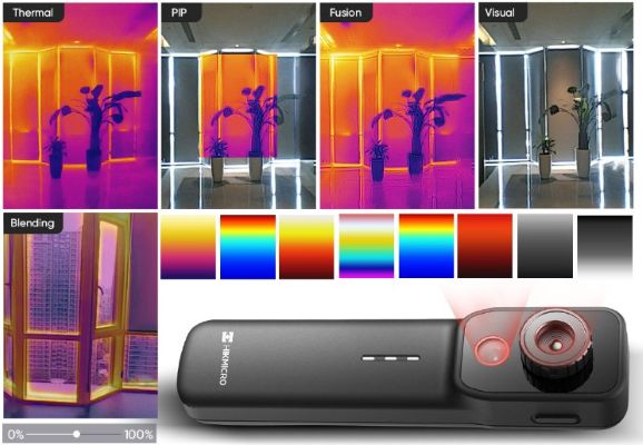 Visualización de los distintos modos de imagen y paletas de color de la HIKMICRO MiniX, cámara térmica de doble cámara (IR y visual) que permite análisis térmico avanzado en aplicaciones técnicas y de mantenimiento. Disponible a través de Gimatec, distribuidor especializado en instrumentación termográfica profesional.