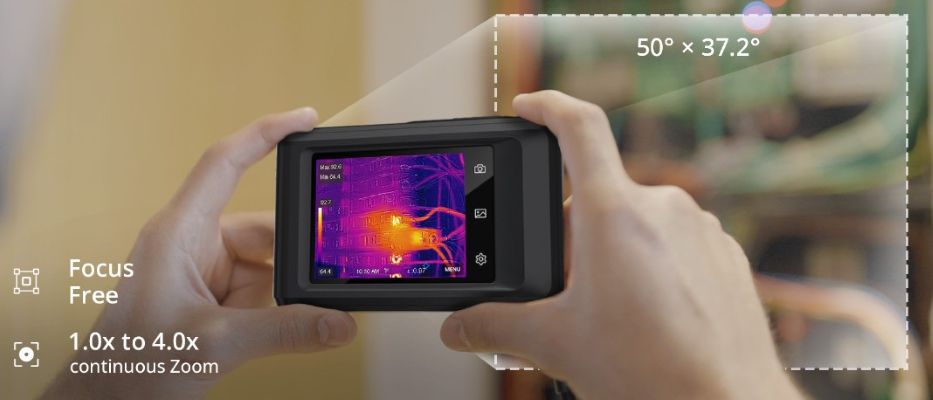 Detalle del FOV de 50° × 37,2° y del zoom digital 1×–4× de la HIKMICRO Pocket2, que permite inspeccionar superficies amplias y detectar anomalías térmicas sin ajuste de enfoque. Disponible a través de Gimatec, distribuidor especializado en instrumentación termográfica profesional.