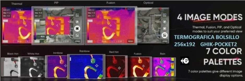 Visualización de los diferentes modos de imagen de la HIKMICRO Pocket2 (térmico, fusión, PIP y óptico) y paletas de color, que permiten analizar anomalías térmicas con mayor precisión en entornos industriales y técnicos. Disponible a través de Gimatec, distribuidor especializado en instrumentación termográfica profesional.