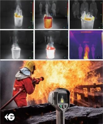 Imagen que muestra los modos térmicos de la cámara HIKMICRO FT31 y su aplicación en incendios reales, permitiendo visión en humo, localización de focos calientes y apoyo a operaciones de rescate, disponible a través de Gimatec.