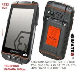 Imagen de smartphone industrial ATEX Zona 1/21 con cámara integrada y conectividad avanzada para comunicación y documentación segura en atmósferas explosivas, disponible a través de Gimatec.