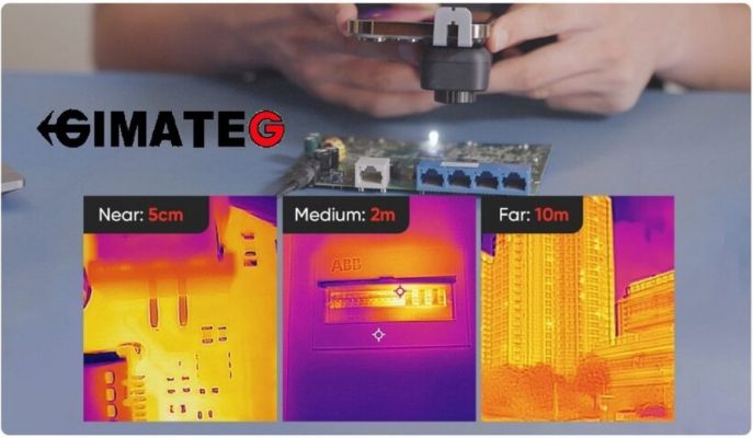 Comparativa de captura térmica con la HIKMICRO MiniX a corta, media y larga distancia, demostrando su enfoque manual y precisión para diagnóstico técnico en electrónica, instalaciones eléctricas y edificación. Disponible a través de Gimatec, distribuidor especializado en instrumentación termográfica profesional.