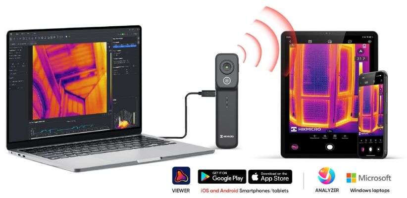 Visualización de la HIKMICRO MiniX conectada de forma inalámbrica a móvil y portátil para análisis térmico, documentación de inspecciones y mantenimiento industrial mediante aplicaciones profesionales. Disponible a través de Gimatec, distribuidor especializado en instrumentación termográfica profesional.