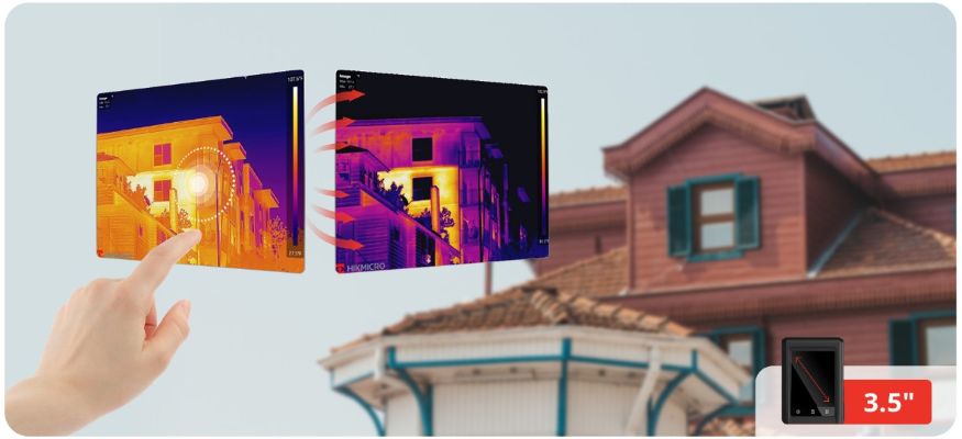 Visualización térmica y visual en la pantalla táctil de 3,5” de la HIKMICRO Pocket2, con modos fusión y PIP para inspecciones rápidas de edificación, HVAC y mantenimiento técnico. Disponible a través de Gimatec, distribuidor especializado en instrumentación termográfica profesional.