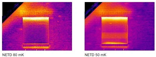 Imagen comparativa que muestra dos termogramas con diferentes valores de sensibilidad térmica NETD, 80 mK y 50 mK, evidenciando cómo un NETD menor ofrece mayor detalle térmico y precisión en mediciones termográficas profesionales.