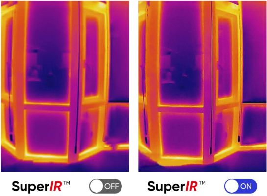 Comparativa de imagen térmica con SuperIR OFF y ON en la HIKMICRO MiniX, evidenciando la mejora de resolución y definición para un diagnóstico térmico más preciso en aplicaciones técnicas. Disponible a través de Gimatec, distribuidor especializado en instrumentación termográfica profesional.