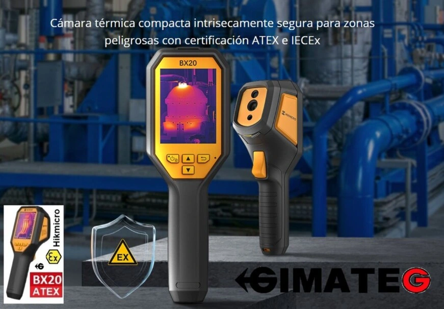 Imagen de la cámara termográfica ATEX HIKMICRO BX20 utilizada en una planta industrial para inspección térmica segura en zonas peligrosas con certificación ATEX e IECEx, disponible a través de Gimatec.