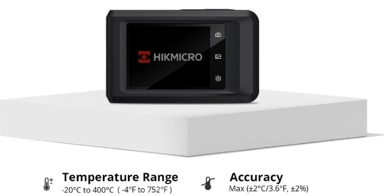 Detalle del rango de medición térmica de –20 °C a 400 °C y la precisión de la HIKMICRO Pocket2 para diagnóstico térmico en mantenimiento industrial, instalaciones eléctricas y sistemas HVAC. Disponible a través de Gimatec, distribuidor especializado en instrumentación termográfica profesional.