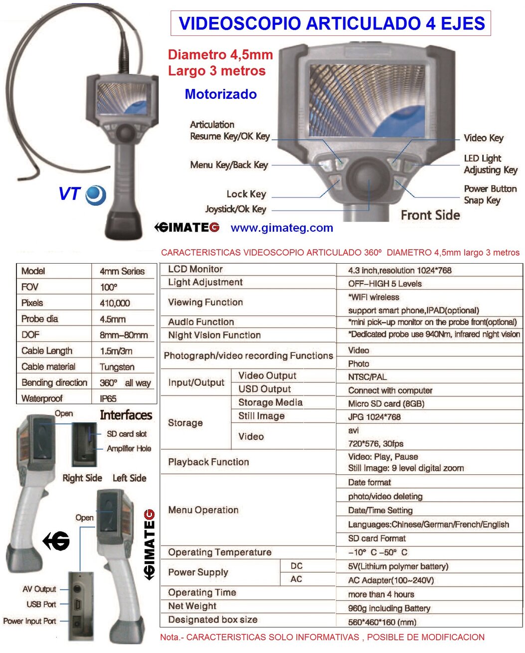 datos tecnicos videoscopio articulado DV