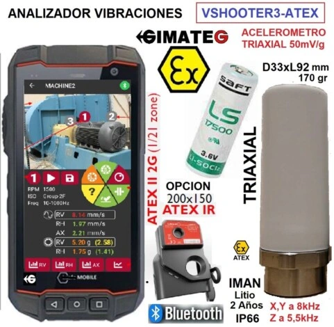 Imagen de sistema ATEX de análisis de vibraciones con acelerómetro triaxial inalámbrico y teléfono ATEX Zona 1/21 para diagnóstico de maquinaria y mantenimiento predictivo en entornos industriales clasificados, disponible a través de Gimatec.