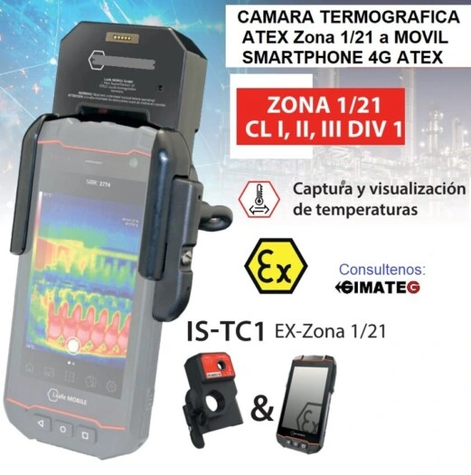 Imagen de smartphone ATEX Zona 1/21 con cámara termográfica integrada para medición térmica, comunicación y documentación en entornos industriales con riesgo de explosión, disponible a través de Gimatec.