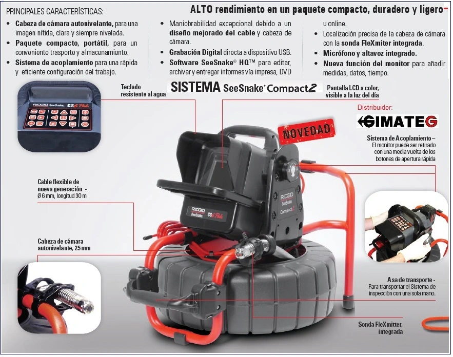 camara inspeccion diametro 25mm 30m gimateg tuberias