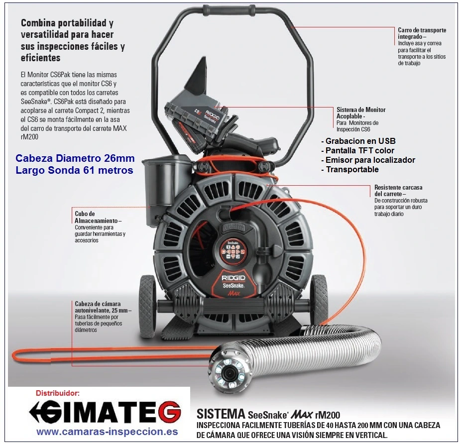 camara inspeccion diametro 25mm 61metros gimateg tuberias