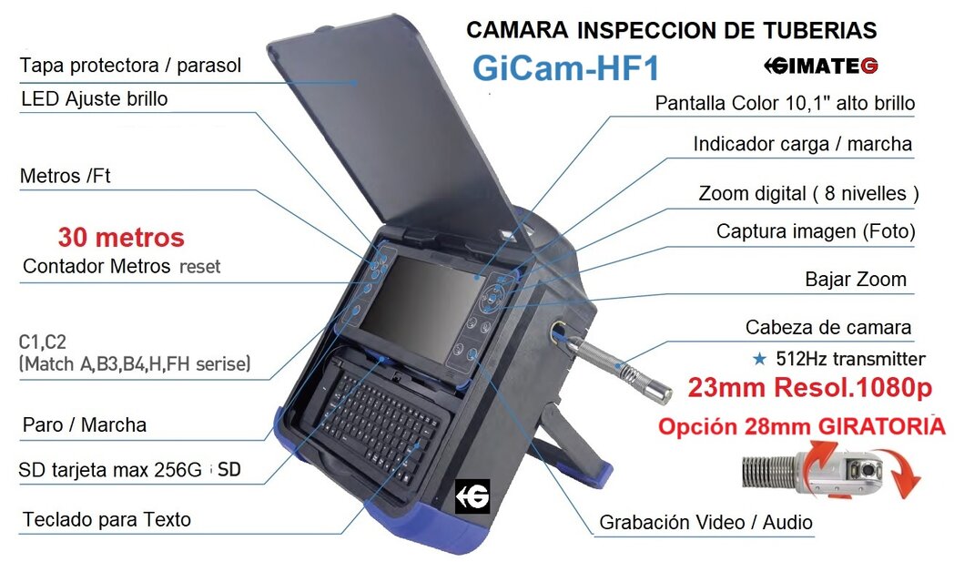 camara 23mm 1080p 30 metros inspeccion tuberias GiCam-FH1 GimateG