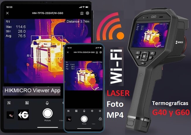 Vista de la conectividad Wi-Fi, app HIKMICRO Viewer, láser y grabación Foto/MP4 en la cámara térmica HIKMICRO G41 480x360 para inspección industrial, disponible en Gimatec