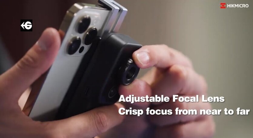 Detalle de la lente con enfoque manual de la HIKMICRO MiniX, diseñada para lograr precisión térmica en objetos cercanos y lejanos durante inspecciones técnicas y diagnósticos industriales. Disponible a través de Gimatec, distribuidor especializado en instrumentación termográfica profesional.