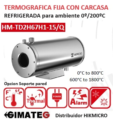 Imagen de la cámara termográfica fija HIKMICRO HM-TD2H67H1-15/Q con carcasa refrigerada para supervisión térmica continua en procesos industriales de alta temperatura y detección de sobrecalentamientos, disponible a través de Gimatec.