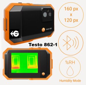 Cámara termográfica Testo 860i para smartphones con resolución 256x192, cálculo DeltaHeat y DeltaCool, detección de riesgo de condensación y uso con App Testo Smart